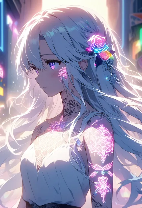 Anime Screenshots、 Artistic illustration of a female anime character adorned with glowing neon rose and ivy tattoos all over her body and face。 The tattoo on his arm is a mix of white, rainbow and white light.、 It emits a neon light。 The girl has long, flo...