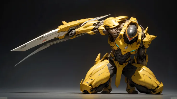 8k. high quality. Cyborg in white and yellow. Full body shot. Devastated battlefield. Smart and stylish design. Please draw detailed and precise details. A huge cyborg. A cyborg with a history of warfare and scars on its armor. The strongest and flashiest ...