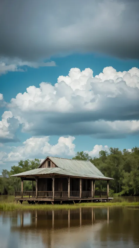 Louisiana countryside,Swamp,Old wooden cabin,cloudy,