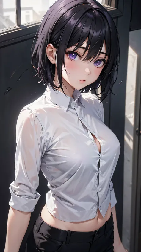 8k resolution,((Best Quality)),Ultra-high resolution,Adult women, Alone, sexy, (Expressionless), (Purple eyes), A beautiful, symmetrical face, (Black Short Hair,The eyes are hidden),White shirt,Black suit pants,Realistic:1.4,Realistic:1.4,(masterpiece:1.2)...