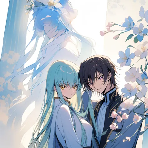 One man and one woman，Love Head，masterpiece,,The male is 1boy, male focus, lelouch vi britannia, Code Geass，The female is 1girl, c.c., Code Geass，very beautiful,Chinese Style,,Oriental Wallpaper,flower,Blue tint,Natural Light,Soft lighting，White background...