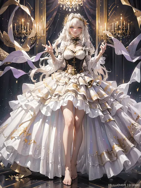 Ultra-realistic photo of a girl in a majestic purple and golden black ball gown dress,big beautiful dress, Intricate billowing ball gown with lots of ruffles and rhinestones, muste piece, art station, fantasy art:1.2), palace room, beautiful cute girl, (lo...