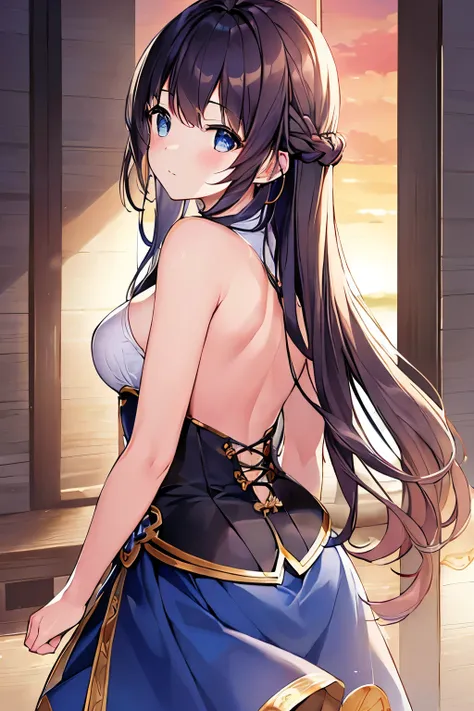 (4K、masterpiece、Best Quality、High image quality、Detailed light、Detailed Shadows、Detailed Design)、1 girl、Bronze Hair、Long Hair、Blue Skirt、White clothes、corset、(Show your back)、((turn around))、sunset、sea