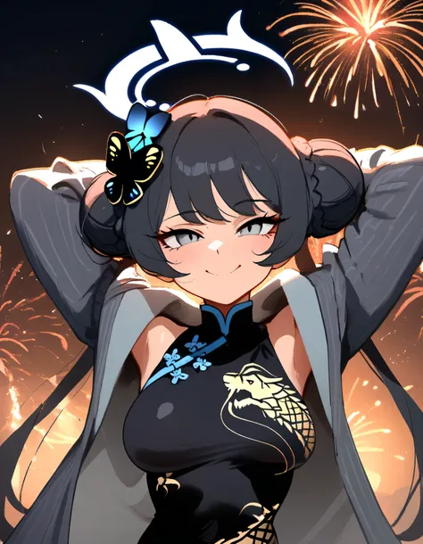 1girl, kisaki (blue archive), blue archive , masterpiece, best quality, newest, ///// nyantcha, khyle, cutesexyrobutts highres, absurdes. , solo, naughty smile, straight-on, black hair tied in a bun, with two longer strands framing her face and side-swep...