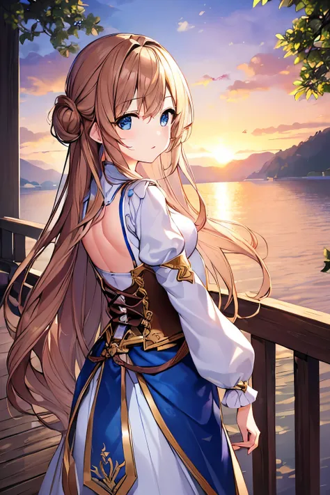 (4K、masterpiece、Best Quality、High image quality、Detailed light、Detailed Shadows、Detailed Design)、1 girl、Bronze Hair、Long Hair、Blue Skirt、White clothes、corset、(back)、((turn around))、sunset、Lakeside、