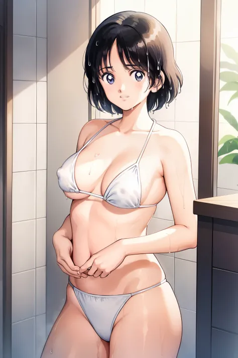 (masterpiece), (Best Quality), (detailed), (High resolution),( Very delicate and beautiful), Anime Color), One girl, (Haruka), Black Hair, Short Hair, bangs, View your viewers, Mid-chest, Clevis, (white Micro Bikini), (erect nipples: 1.3), (wet), cowboy sh...