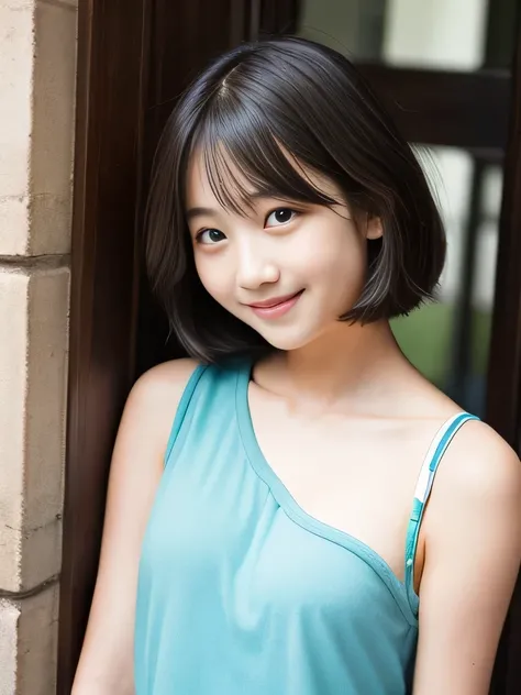 A middle school girl、Wearing a one-shoulder tank top, Short Bob, A shy smile