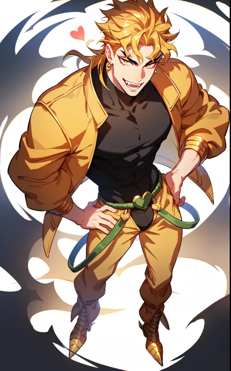 score_9,score_8_up,score_7_up,score_6_up,score_5_up, rating explicit,diao,solo,dio brando,1boy,blonde hair,yellow jacket,jacket,heart,pointy footwear,pants,smile,open mouth,jewelry,hand on hip,yellow pants,hands on hips,white background,earrings,simple bac...