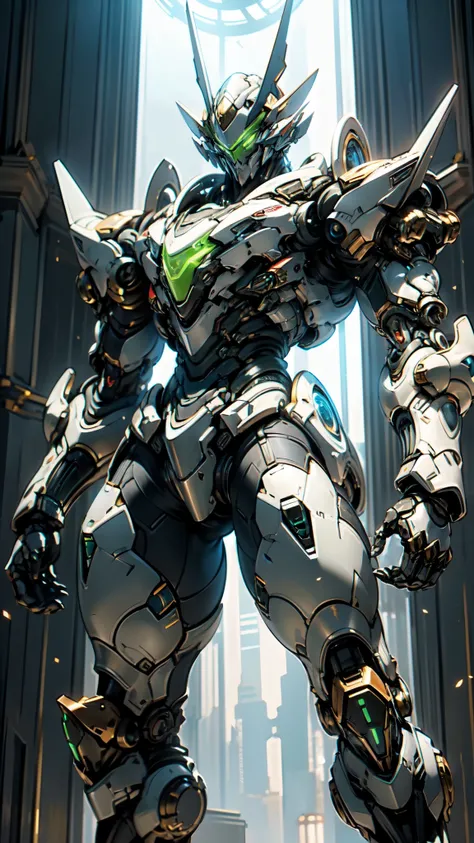 (masterpiece:1.5, best quality:1.5, extremely delicate:1.5), (male:1.5), humanoid Mecha, fully enclosed shoulder guards, matching arm and leg guards, full body, full armor, the design balances heavy with agility, (the color scheme is primarily Green with R...