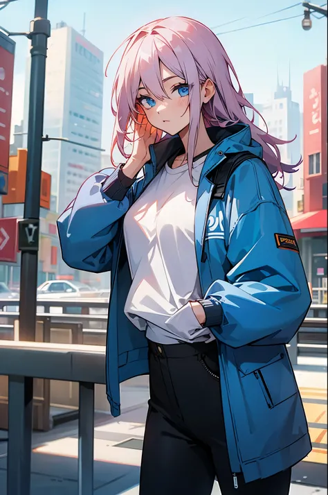 Absolute Zero hair color , Female, city background, street clothes