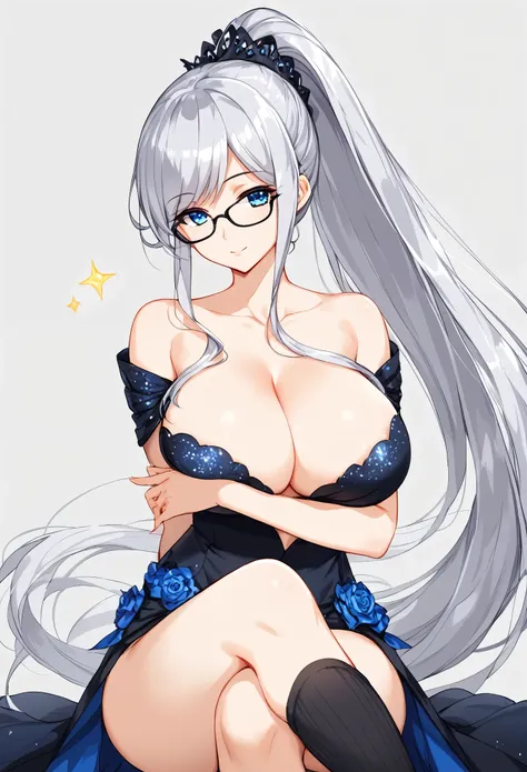 solo,Simple Background,Beautiful silver hair,Long Ponytail,Wearing glasses,Beautiful glowing blue eyes,Big Breasts,upright,Good posture,whole body,Princess knight costume with an open chest,Black knee socks,