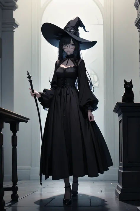 Shadow Face、beautiful girl、cute、Baby Face、smile、Glasses、Droopy eyes、Black Hair、Beautiful Long Hair、Straight Hair、bangs、Bangs、Gothic Dress、Long Dress、Black pumps、Big Breasts、Slim body、Short、small、slim、Black cat at feet、2 black cats、black kitten、Magic wand、w...