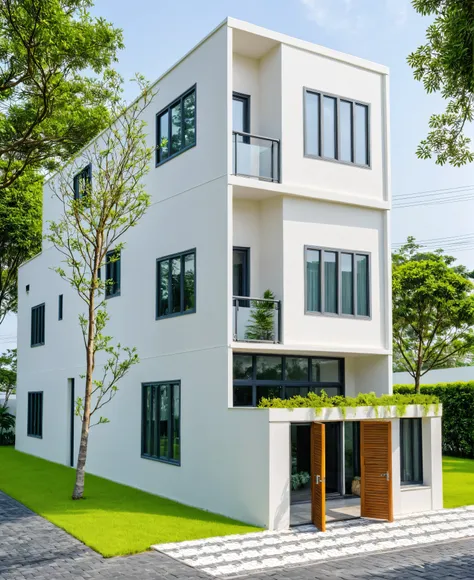 a modern minimalist style single-story villa with a flat roof, white walls and glass windows in vietnam is surrounded by green l...