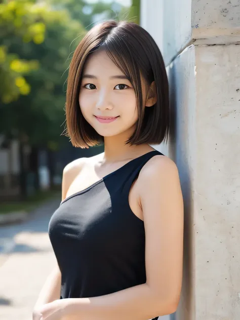 A junior high school girl wearing a one-shoulder tank top, short bob, shy smile