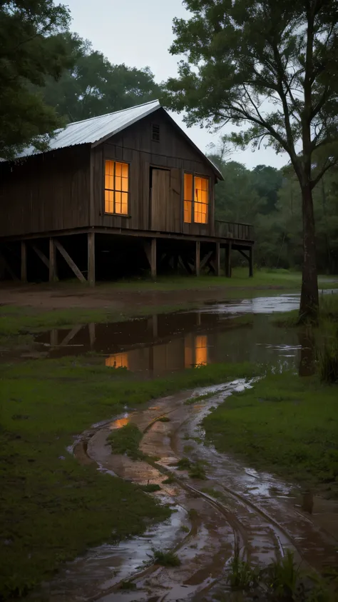 Louisiana countryside,Old wooden hut,Midnight,rain,mud,Wet,moon,The Forest,soil,Horror atmosphere