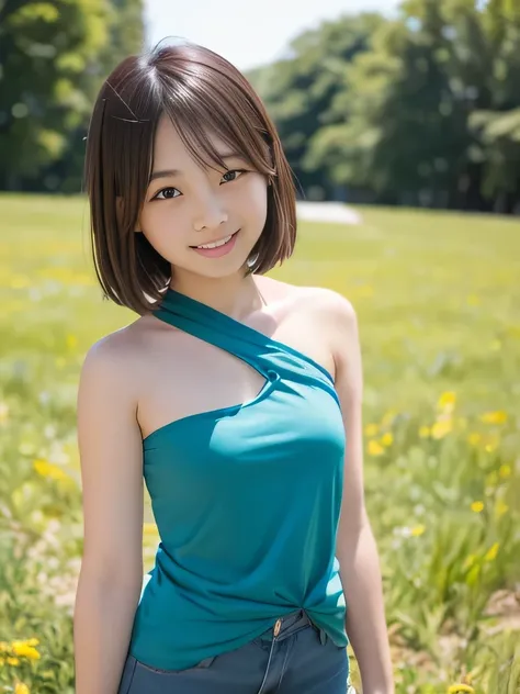 A junior high school girl wearing a one-shoulder tank top, short bob, shy smile　An empty meadow