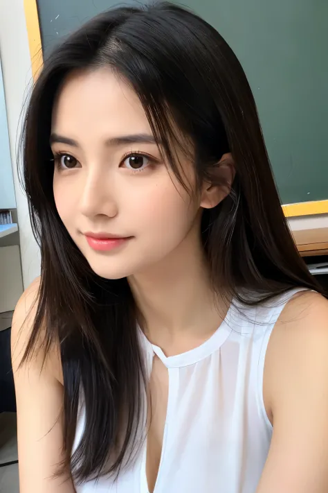 ((Best Quality)), ((masterpiece)), (detailed), woman、so beautiful、Elegant face、Intelligent face、Stern expression、Tight lips、Strong willed、Black straight hair、Long Hair、female teacher、Upper Body、Large breasts、Shiny skin、White blouse、sexy。