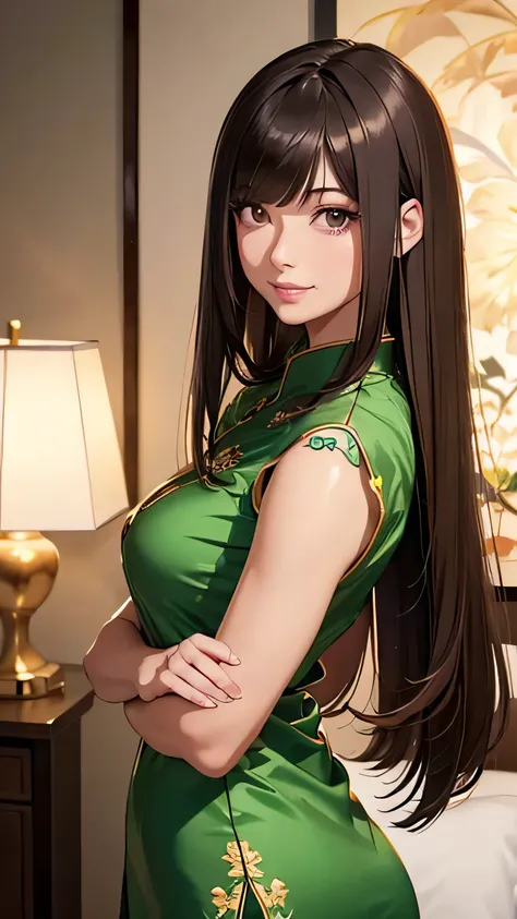 product quality, 1girl, upper body shot, front view, a Japanese young pretty girl, long bob hair, standing with a big smile in a luxury hotel room, glamorous figure, wearing short sleeves shiny satin green cheongsam with many flower pattern embroideries wi...