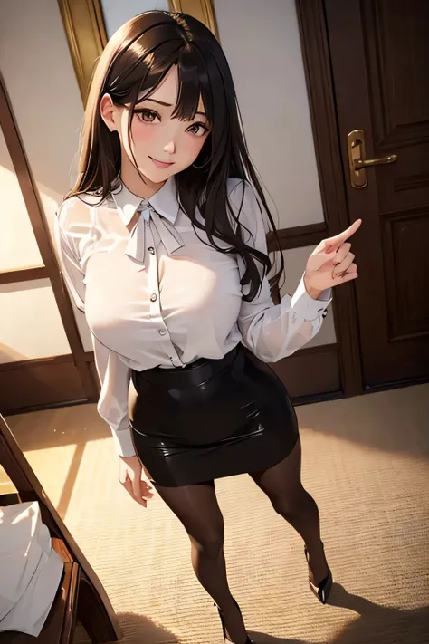 Ulchan-6500-v1.1, (RAW photo:1.2), (Photoreal), beautiful detailed girl, (genuine: 1.4), Bewitching beautiful mature elite secretary in luxurious silk blouse、40 years、height　154cm、well-proportioned body shape、hourglass figure、skirt and thighs、while walking...