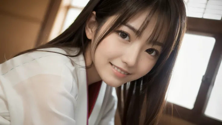 best quality, face focus, soft light, ultra high res, (photorealistic:1.4), RAW photo,(Shinozaki Ai), (fair skin), High school girl, 1 Japanese girl, solo, cute, smile, (pupil, lights in the eyes),  detailed beautiful face,(high resolution detail of human ...