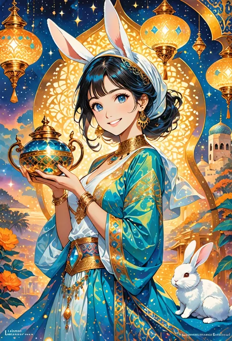 rating_safe, score_9, score_8_up, score_7_up, score_6_up, score_5_up, score_4_up, hires, novel illustration, cover page, absurdres, perfect anatomy(1girl, kemono, rabbit furry anthro, fearless smile, Arab national costume)Aladdin and the magic lamp, arabia...