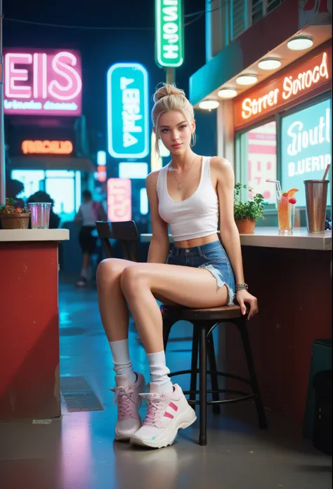 score_9, score_8_up, score_7_up, 

a skinny teenage girl with a blond hair is sitting on a high chair, in the street. the girl i...