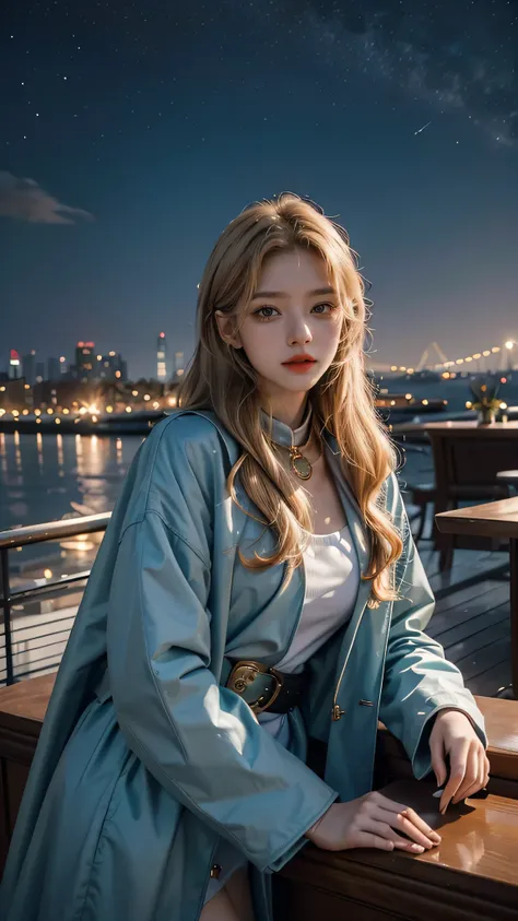 Girl wearing, luxury  cyan coat,  Coat belt, golden blet, with bishop collar design, shoulder length hair, wavy hair, glowing skin, star in eye, red lips, audience background, City background, sky scraper, open area, stars, dinning table, cute poses , uppe...