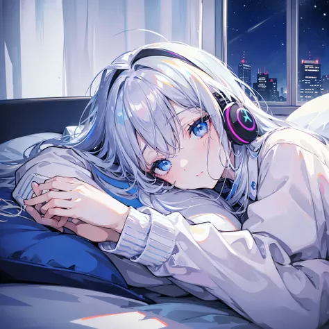 Cute woman,Listening to music with headphones,blue eyes,Lying in bed,window,neon,Silver Hair,Night view