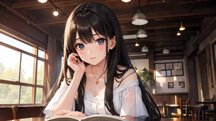 ((Best Quality、High resolution))、(((One girl))), Portraiture、Beautiful woman、Alone、Black Hair、Straight Long Hair、Reading a book at the table、White dress、((background))、Coffee shop