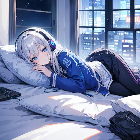 Cute woman,Listening to music with headphones,blue eyes,Lying in bed,window,neon,Silver Hair,Night view,high school student,uniform