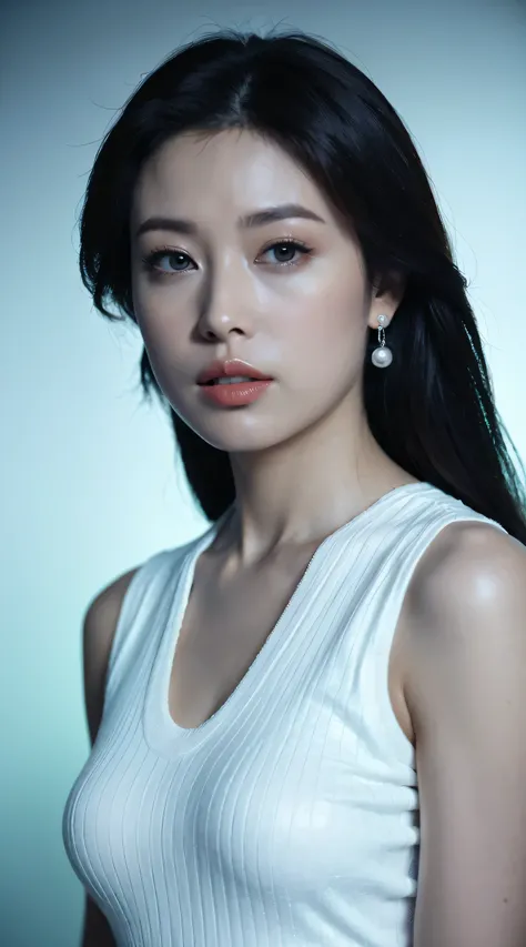 ((Best Quality, 8k, Portrait Photography: 1.3)), (Viewer Display), Photorealism, Sharp focus, Alone, beauty products,Medium Long Hair,Pearl Necklace、Pearl Earrings, ((Photograph the whole body)),(V-neck sleeveless knit dress),Age 30、Floral Background,tron