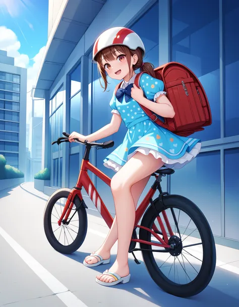 masterpiece, hd, best quality, detailed, 1girl, brown hair, wearing cycling helmet, wearing dress, cute dress, colorful dress, s...