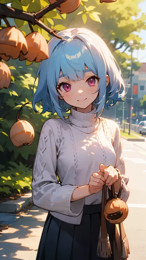 Girl、Light blue hair、Pink Eyes、smile、Small breasts、A lot of acorns、skirt、Knitwear、Cowboy Shot、Outdoor、morning、Tall building in the background、Sidewalk、Upper body close-up