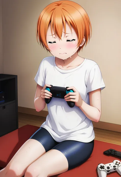 masterpiece, best quality, 8k wallpaper,realistic anime style,love live art style, rin hoshizora, orange hair, medium hair, blushing , Hoshizora rin, golden ,White Top,Bike shorts, sitting, indoors , holding reversed playstation controller, down blouse , c...