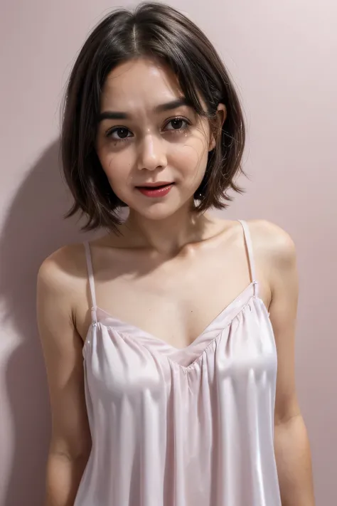 (CRYING FACE EXPRESSION:1.3), Chubby adorable, (Pink V-neck ice silk satin nightdress), 1 girl, (face to face), , baby face, happy, half body portrait, (face details: 1), (eye details: 1), ((flat breasts)). wearing soft soft, .. Cute posed. proportional bo...