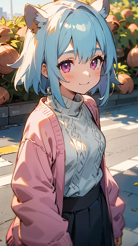 girl、light blue hair、pink eyes、smile、small breasts、a lot of acorns、skirt、knitwear、cowboy shot、outdoor、morning、tall building in t...