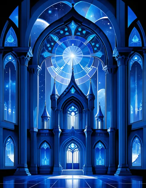 a blue print architectural design of a celestial temple with angelic wings, towers, bridges, turrets, gates stained glass window...