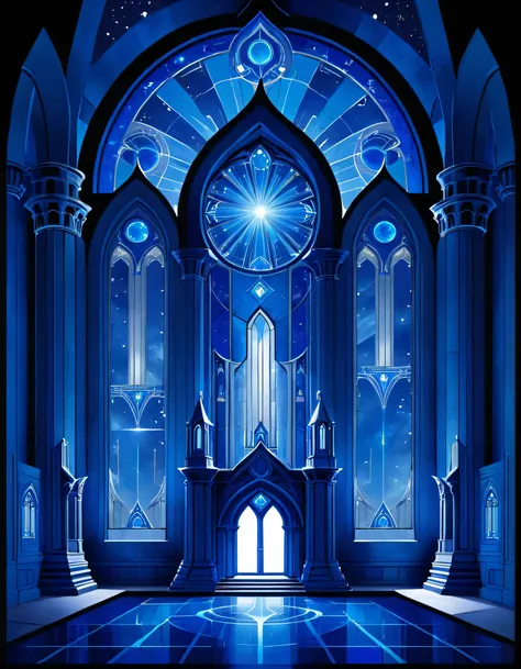 a blue print architectural design of a celestial temple with angelic wings, towers, bridges, turrets, gates stained glass window...