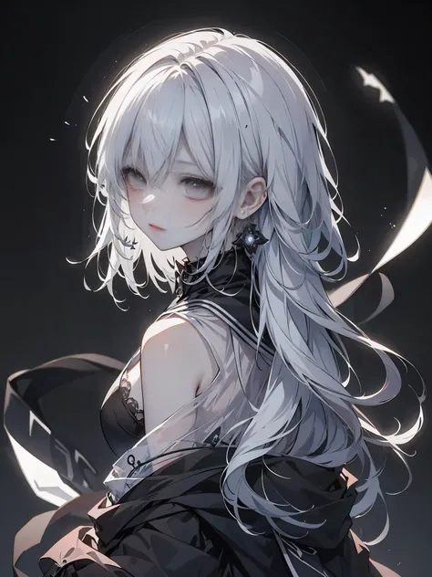 Black and white background, single girl, long hair looking back, depressed eyes, black lotus earring, black aura