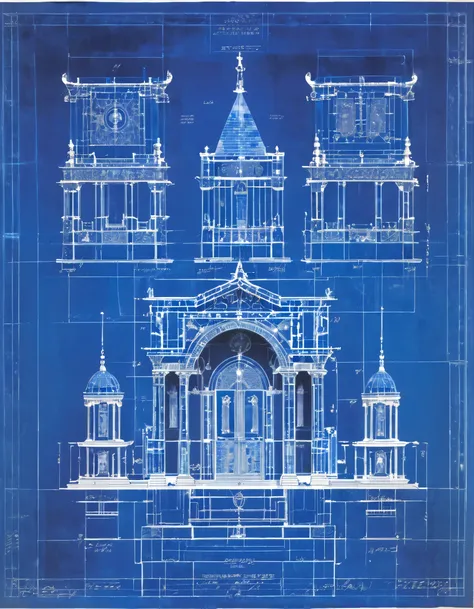 a blue print,  Architectural Design of a celestial temple with angelic wings on its roof, , towers, bridges, turrets, gates stained glass windows, 