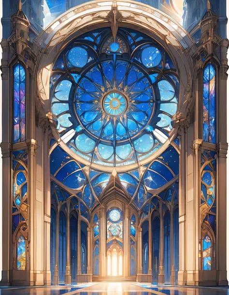 a blue print Architectural Design of a celestial temple with angelic wings, towers, bridges, turrets, gates stained glass windows, 