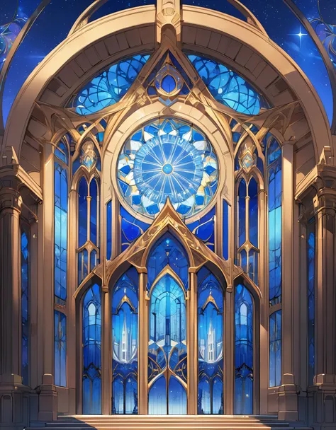 a blue print Architectural Design of a celestial temple with angelic wings, towers, bridges, turrets, gates stained glass windows, 