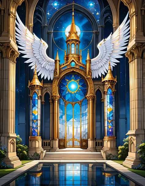 a Architectural Design of a celestial temple with angelic wings, towers, bridges, turrets, gates stained glass windows,