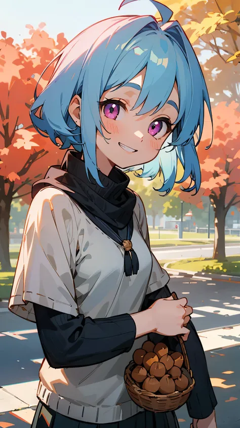 Girl、Light blue hair、Pink Eyes、smile、Grin、Small breasts、A lot of acorns、skirt、Knitwear、Outdoor、Early Autumn Morning、Tall building in the background、Sidewalk、Upper body close-up