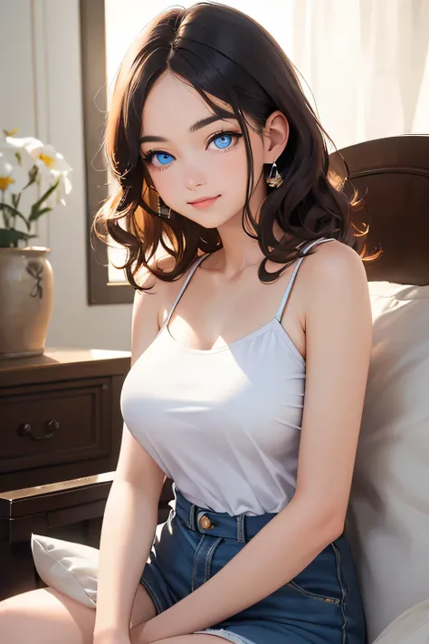 baby face, short black hair,messy hair,wavy hair, (photorealistic:1.4), (masterpiece, sidelights, exquisite beautiful eyes: 1.5), masterpiece*portrait, realistic, 3D face,kawaii face,front view: 1.5、 (glowing blue eyes:1.2),(tareme:1.5)、light smile,Rosy Mo...