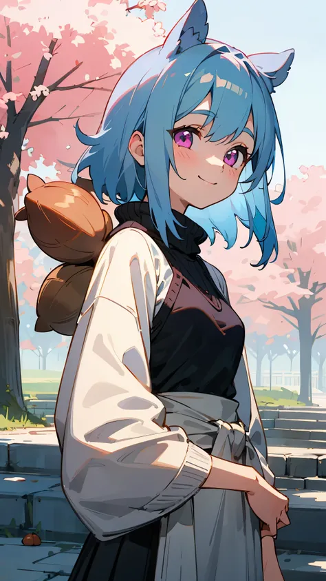 Girl、Light blue hair、Pink Eyes、smile、smile、Small breasts、A lot of acorns、skirt、Knitwear、Outdoor、Early Autumn Morning、Tall building in the background、Sidewalk、Upper body close-up