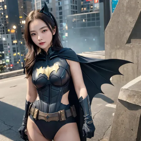 ８k quality、((best quality)), ((masterpiece)), (detailed), 1girl,batman&#39;s suit、(big breasts)、bring your breasts together to e...