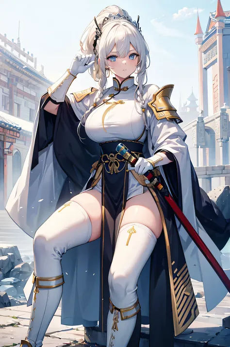 4K,High resolution,One Woman,White yellow hair,Long Ponytail,Braids,Blue Eyes,Big Breasts,Ancient Chinese Generals,White Armor,Full Armor,Heavy Armor,White long boots,White gloves,crown,Long Sword,Jewelry decoration,Medieval castle