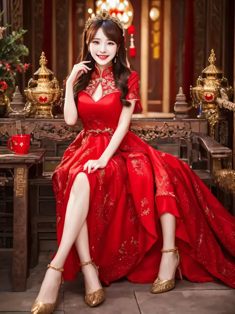 Best Quality　masterpiece　detailed　A very pretty woman is smiling and wearing a red Chinese dress, full body　Stylish　Photo style　Fantasy　