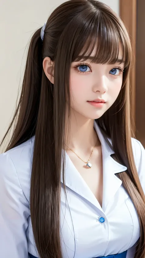 portlate、School Uniforms、bright expression、poneyTail、Young shiny shiny white shiny skin、Best Looks、Natural brown hair with dazzling highlights、shiny light hair,、Super long silky straight hair、Beautiful bangs that shine、Blunt bangs、Glowing crystal clear att...